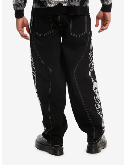 Cyber Sigil Skull Black Jeans With Side Chain - US 1100