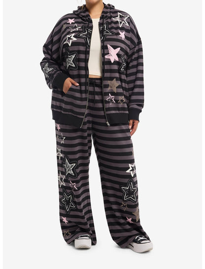 Black & Grey Stripe Star Girls Oversized Hoodie Plus Size - US 0557