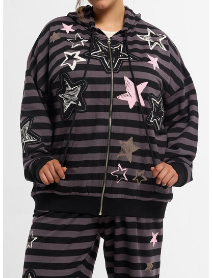 Black & Grey Stripe Star Girls Oversized Hoodie Plus Size - US 0557