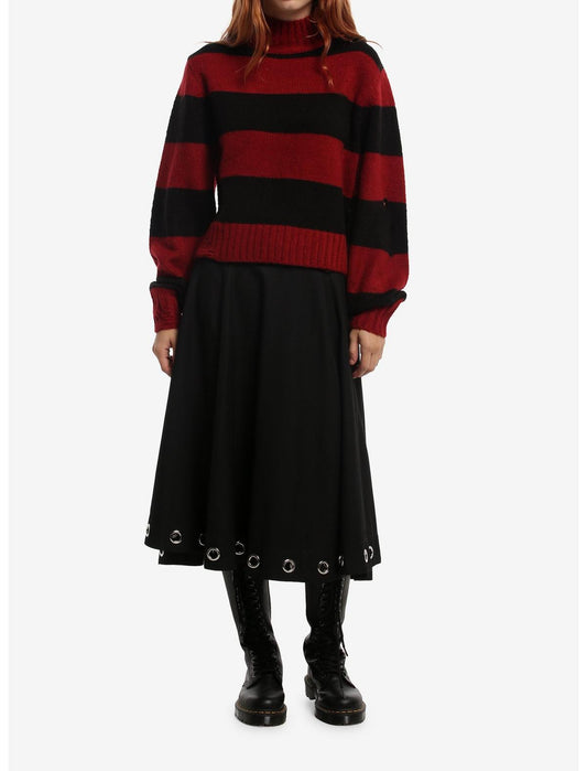 Burgundy & Black Stripe Turtleneck Girls Sweater - US 0729