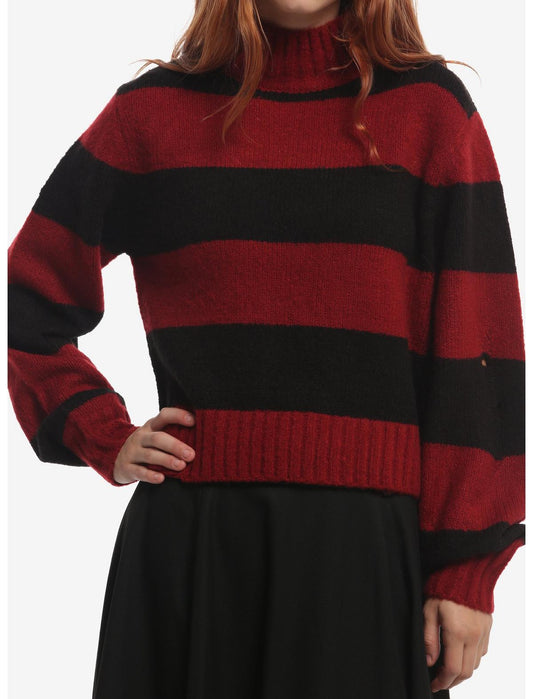 Burgundy & Black Stripe Turtleneck Girls Sweater - US 0729