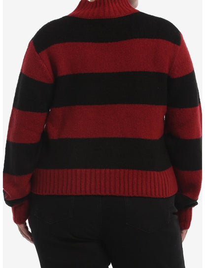 Burgundy & Black Stripe Turtleneck Girls Sweater Plus Size - US 3027