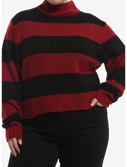 Burgundy & Black Stripe Turtleneck Girls Sweater Plus Size - US 3027