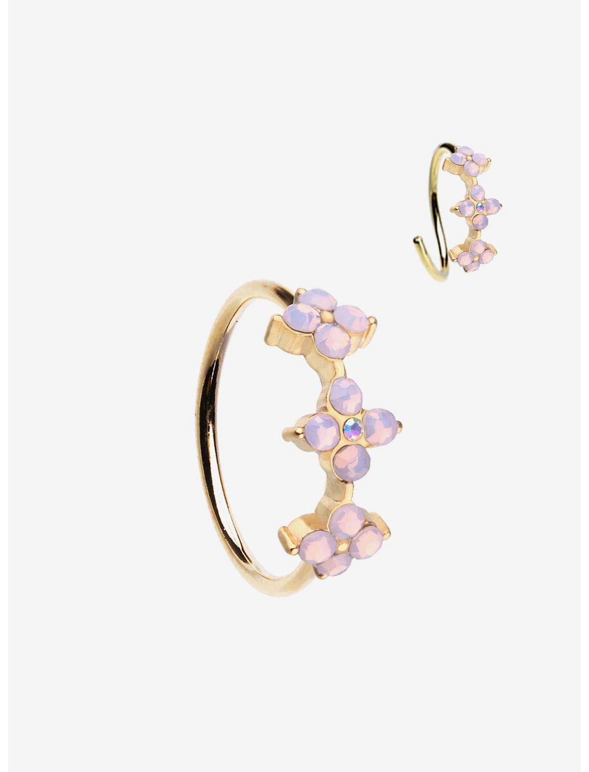 20G Steel Gold Bling Pink Flower Nose Hoop - US 9420