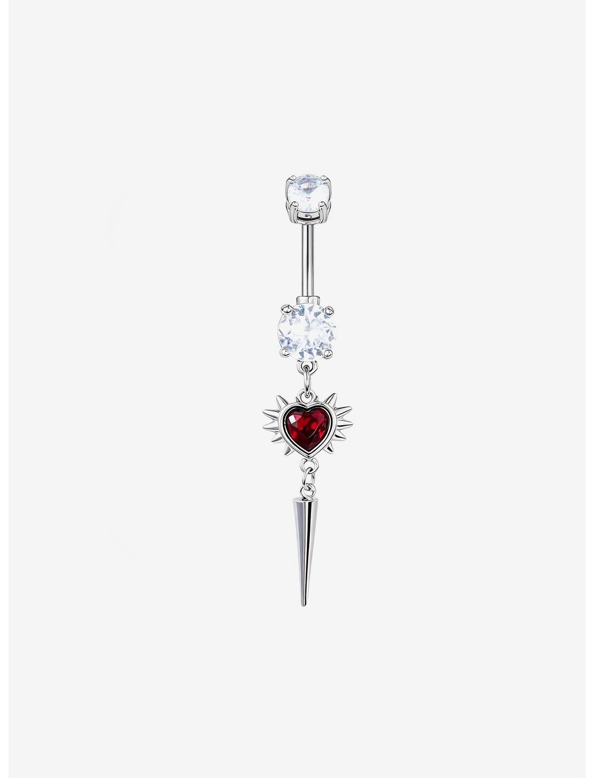 14G Steel Spiked Red Heart Navel Barbell - US 0494