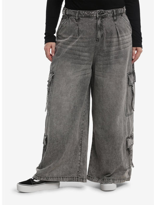 Grey Wash Wide Leg Cargo Jeans Plus Size - US 4064