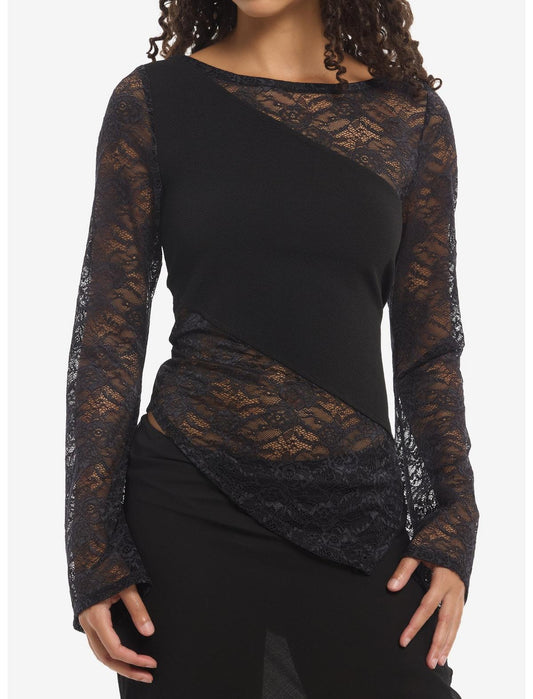 Cosmic Aura Black Lace Panels Girls Bell Sleeve Top - US 1888