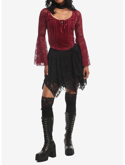 Cosmic Aura Maroon Velvet Girls Bell Sleeve Top - US 7795