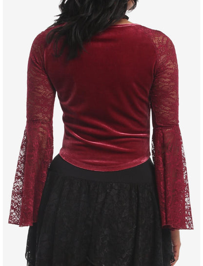 Cosmic Aura Maroon Velvet Girls Bell Sleeve Top - US 7795