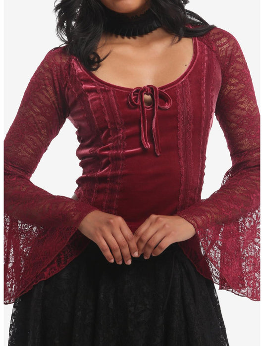 Cosmic Aura Maroon Velvet Girls Bell Sleeve Top - US 7795