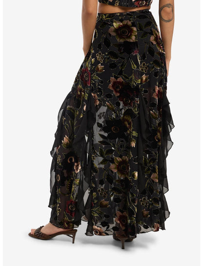 Cosmic Aura Burnout Floral Eyeball Velour Maxi Skirt - US 7634