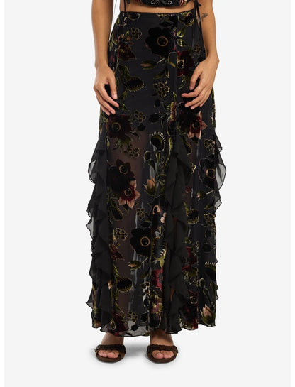 Cosmic Aura Burnout Floral Eyeball Velour Maxi Skirt - US 7634