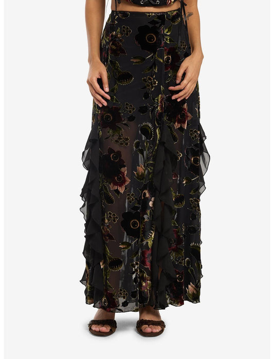 Cosmic Aura Burnout Floral Eyeball Velour Maxi Skirt - US 7634