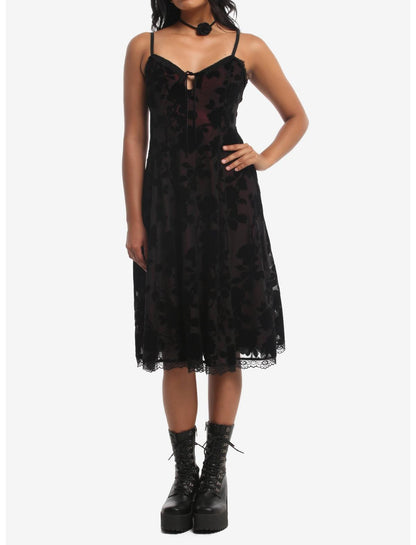 Cosmic Aura Black & Burgundy Rose Midi Slip Dress - US 1595