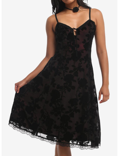 Cosmic Aura Black & Burgundy Rose Midi Slip Dress - US 1595
