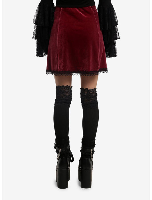 Cosmic Aura Maroon Velvet Lace Trim Skirt - US 3494