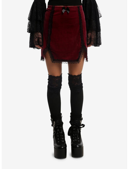 Cosmic Aura Maroon Velvet Lace Trim Skirt - US 3494