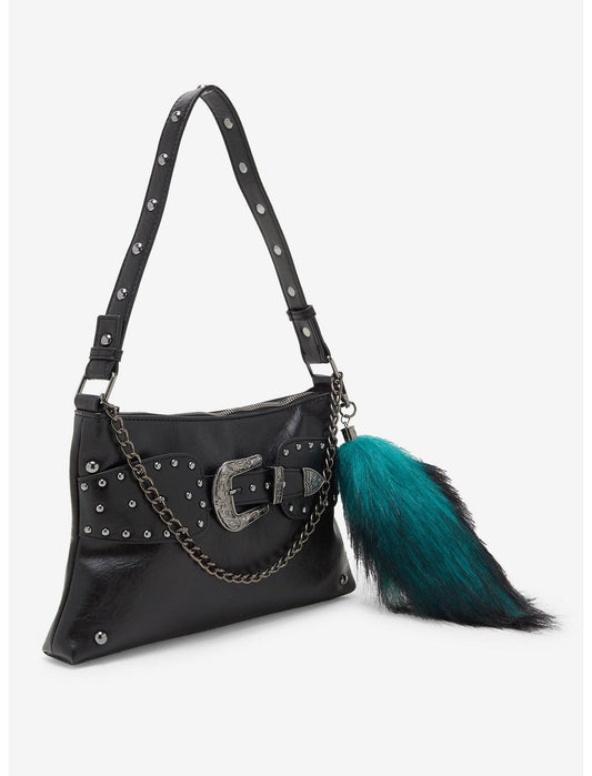 Black Belted Chain Fox Tail Shoulder Bag - US 2664