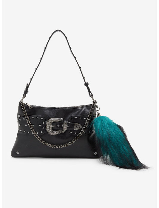 Black Belted Chain Fox Tail Shoulder Bag - US 2664
