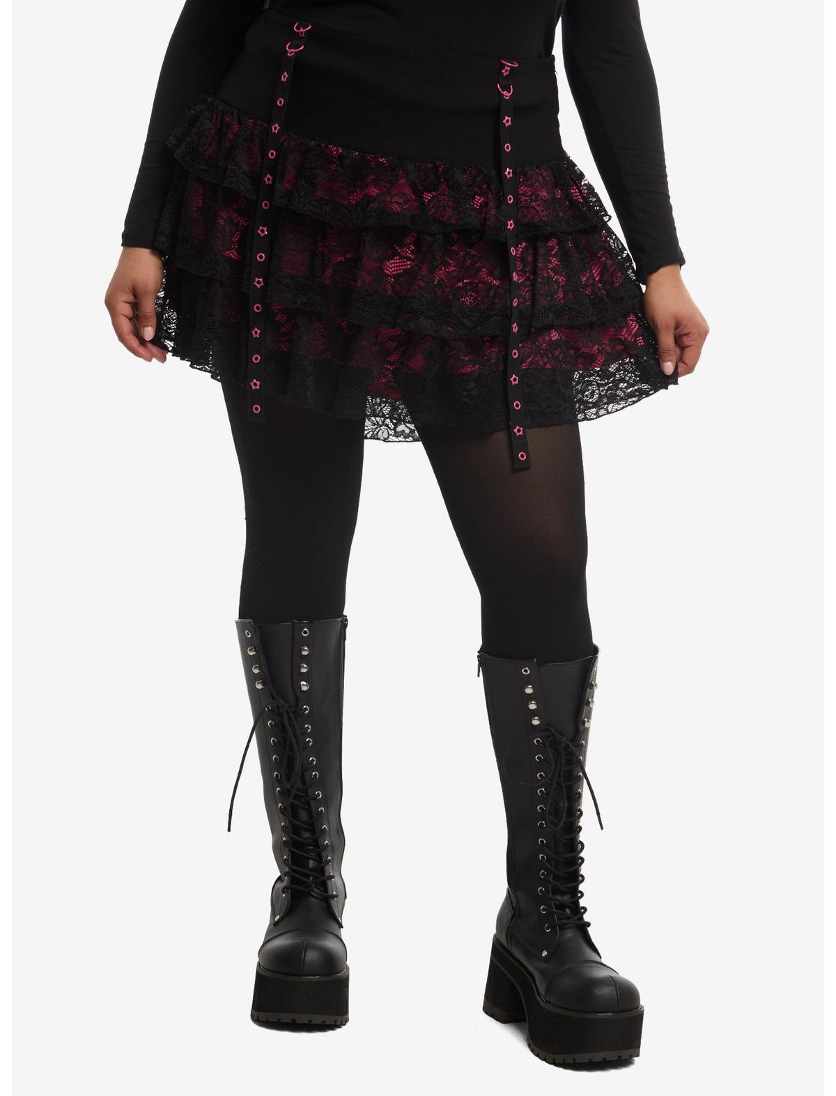 Black & Pink Grommet Lace Tiered Skirt Plus Size - US 1745