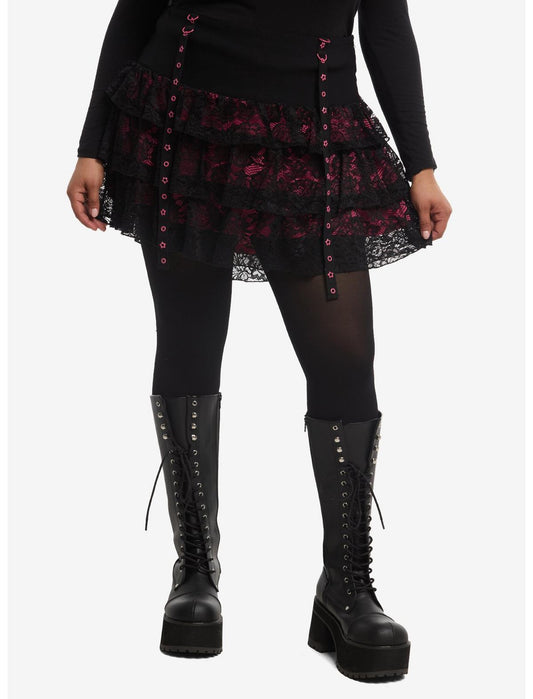 Black & Pink Grommet Lace Tiered Skirt Plus Size - US 1745