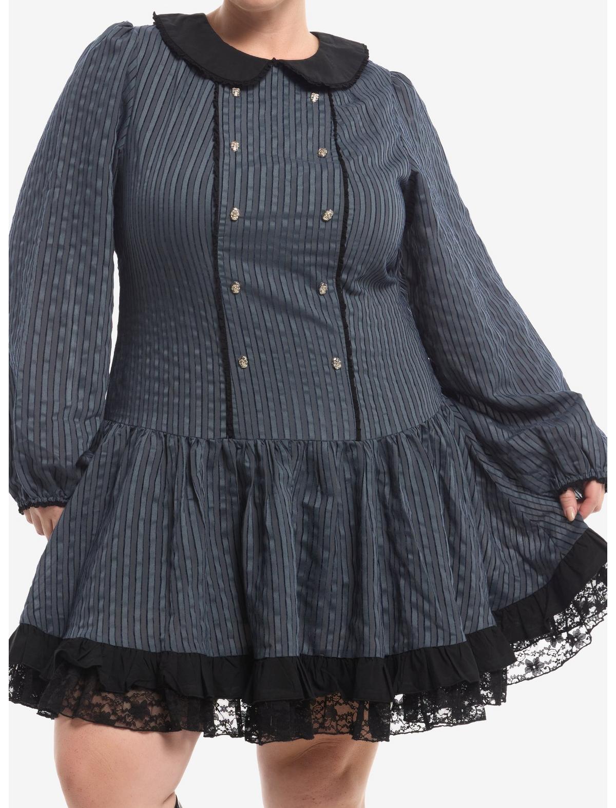 Grey Pinstripe Skull Collared Long-Sleeve Dress Plus Size - US 8240