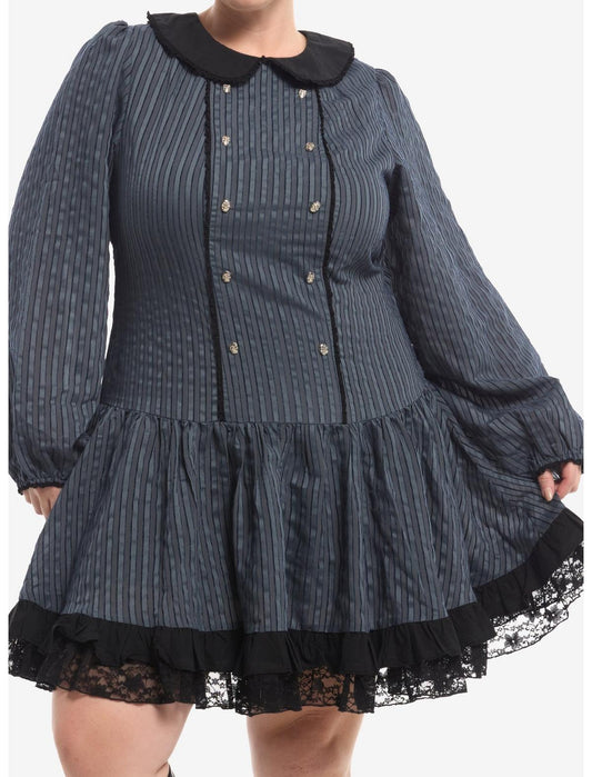 Grey Pinstripe Skull Collared Long-Sleeve Dress Plus Size - US 8240