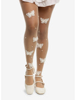 Cream Lace Butterfly Pearl Tights - US 9772