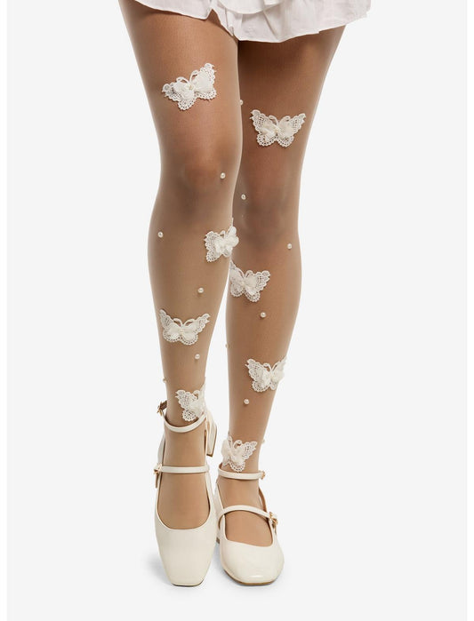 Cream Lace Butterfly Pearl Tights - US 9772