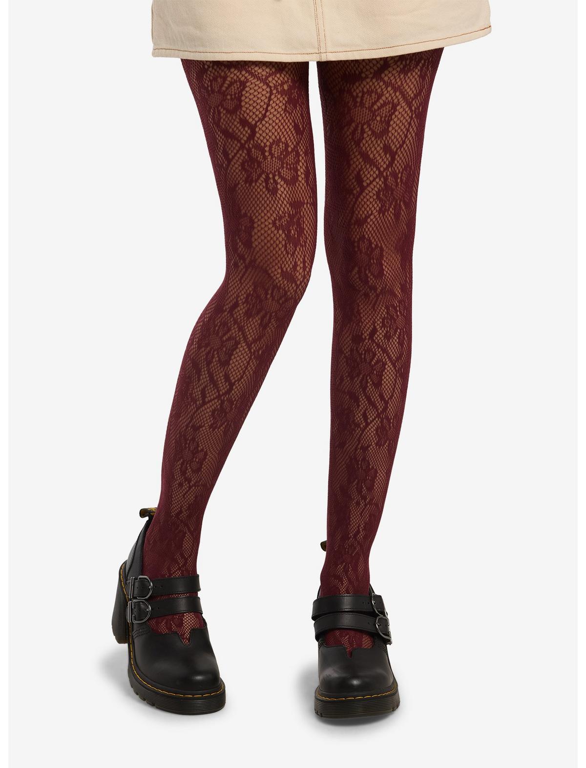Maroon Floral Lace Fishnet Tights - US 3323
