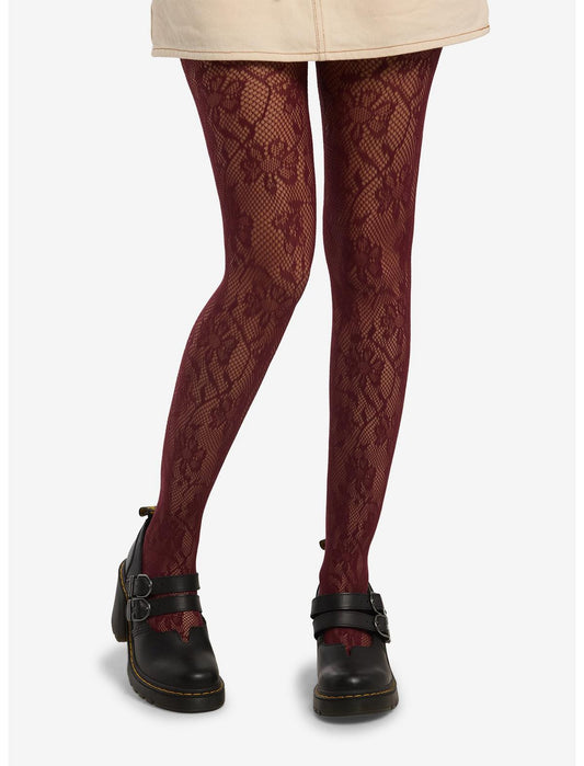 Maroon Floral Lace Fishnet Tights - US 3323