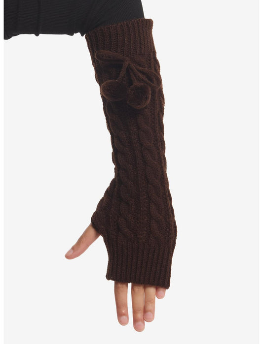 Brown Cable Knit Pom Arm Warmers - US 5226