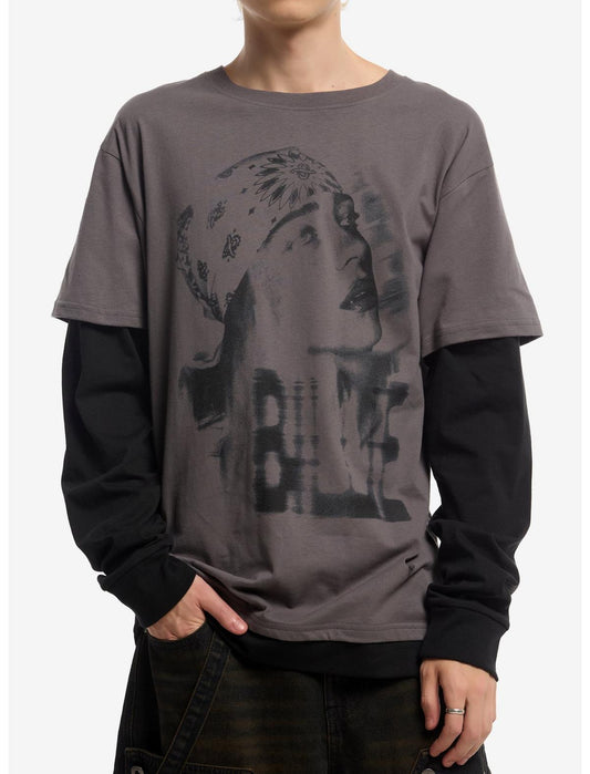 Billie Eilish Faded Portrait Name Twofer Long-Sleeve T-Shirt - US 5264