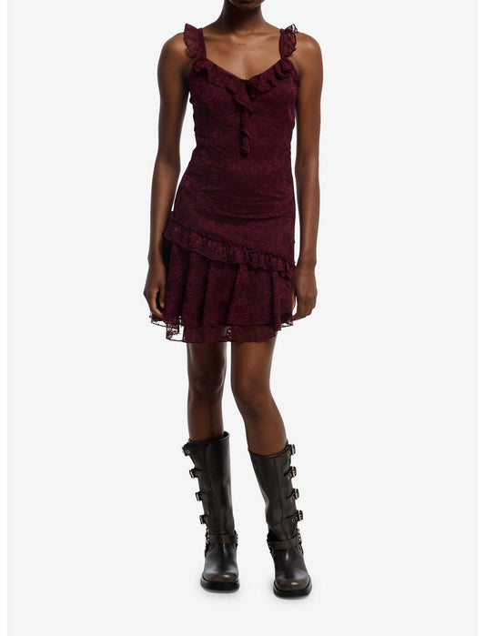 Burgundy Lace Ruffle Mini Dress - US 1754