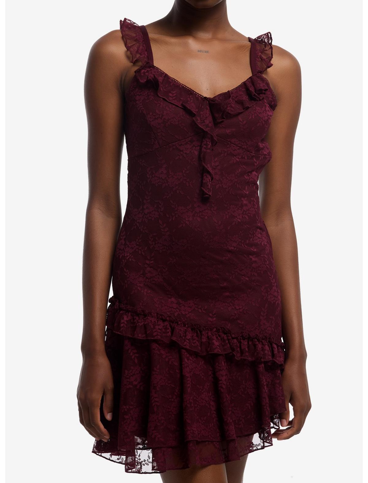Burgundy Lace Ruffle Mini Dress - US 1754