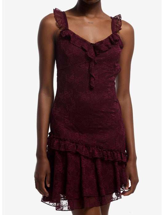 Burgundy Lace Ruffle Mini Dress - US 1754