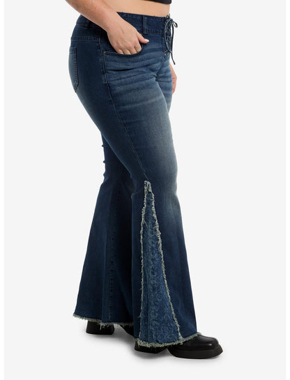 Cosmic Aura Blue Floral Lace-Up Flared Jeans Plus Size - US 0815