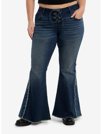 Cosmic Aura Blue Floral Lace-Up Flared Jeans Plus Size - US 0815