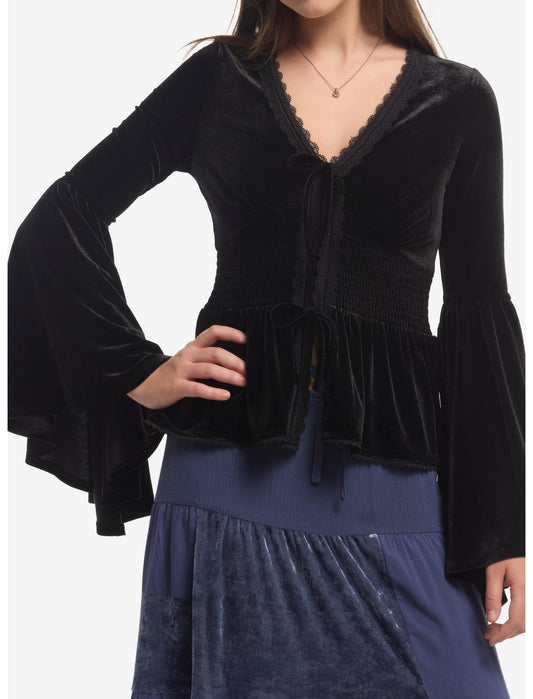 Cosmic Aura Black Velvet Lace Girls Long-Sleeve Top - US 6749