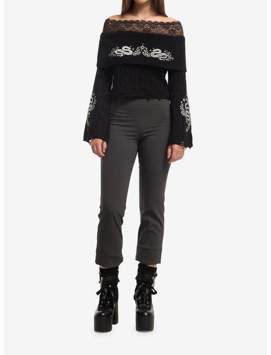 Cosmic Aura Silver Snake Embroidered Lace Girls Off-Shoulder Sweater - US 5361
