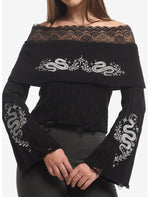 Cosmic Aura Silver Snake Embroidered Lace Girls Off-Shoulder Sweater - US 5361
