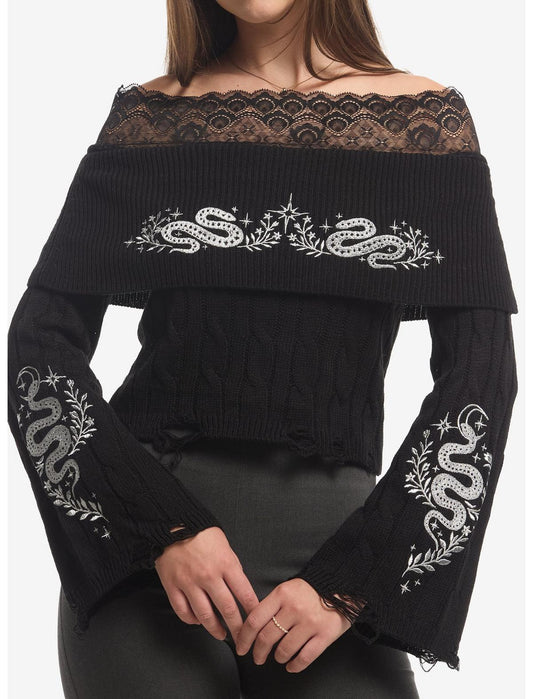 Cosmic Aura Silver Snake Embroidered Lace Girls Off-Shoulder Sweater - US 5361