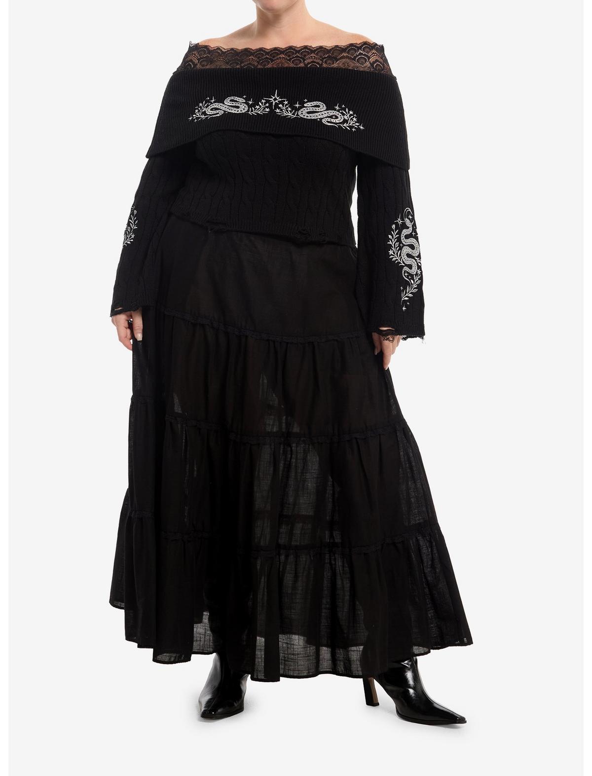 Cosmic Aura Silver Snake Embroidered Lace Girls Off-Shoulder Sweater Plus Size - US 2780