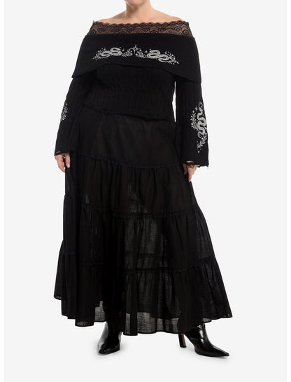 Cosmic Aura Silver Snake Embroidered Lace Girls Off-Shoulder Sweater Plus Size - US 2780