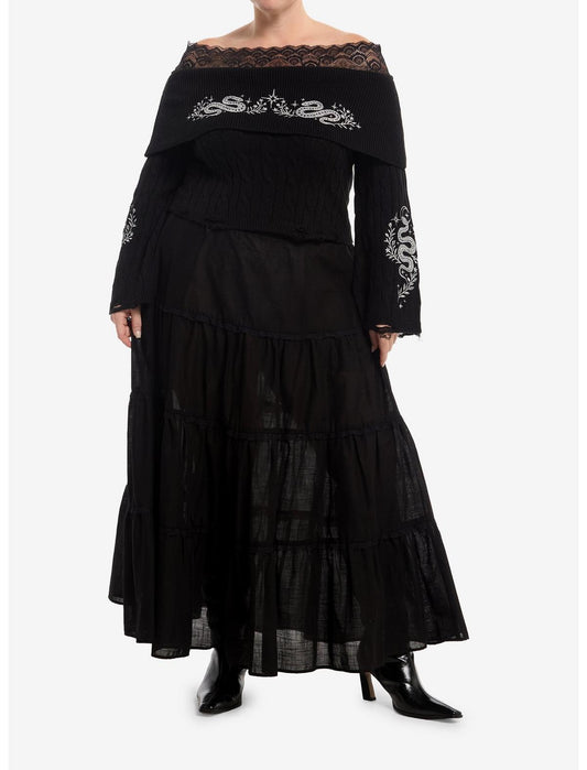 Cosmic Aura Silver Snake Embroidered Lace Girls Off-Shoulder Sweater Plus Size - US 2780