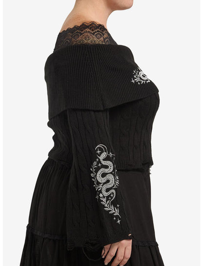 Cosmic Aura Silver Snake Embroidered Lace Girls Off-Shoulder Sweater Plus Size - US 2780