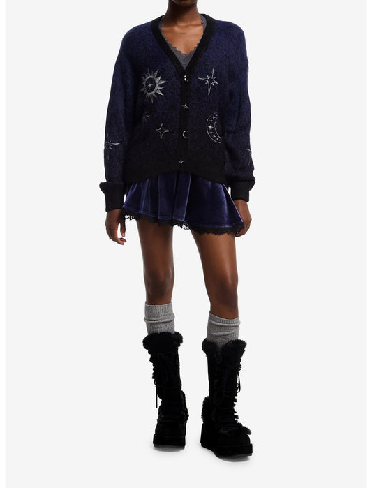 Cosmic Aura Celestial Blue Marled Embroidered Girls Cardigan - US 9580