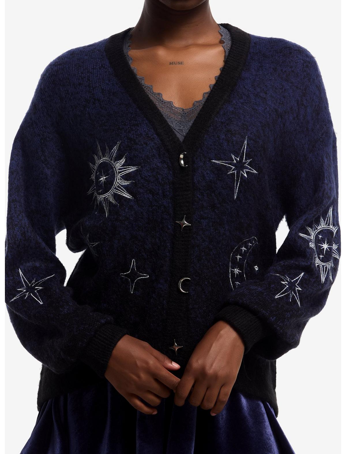 Cosmic Aura Celestial Blue Marled Embroidered Girls Cardigan - US 9580
