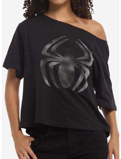 Marvel Spider-Man Logo Girls Off-Shoulder T-Shirt - US 5736