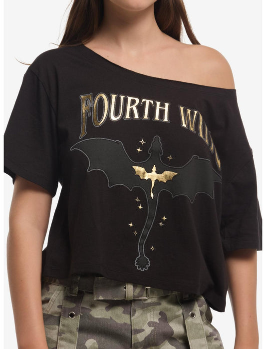 Fourth Wing Dragons Gold Foil Girls Off-Shoulder T-Shirt - US 4102